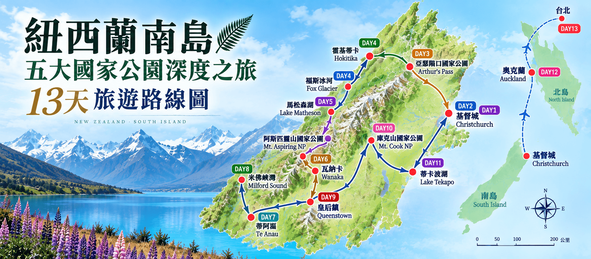 紐西蘭南島13天旅遊路線圖